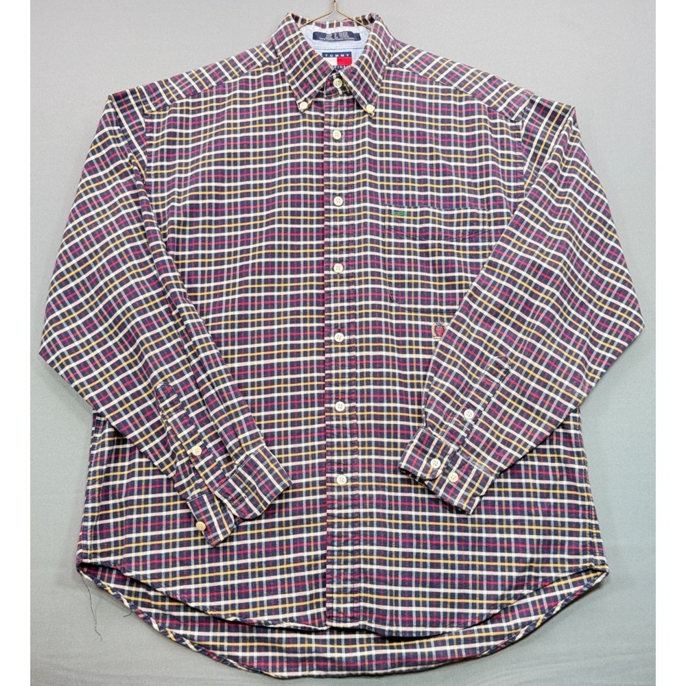 Tommy Hilfiger Mens Large Plaid Crest Logo Long Sleeve Button Down Shirt Cotton - Picture 2 of 5